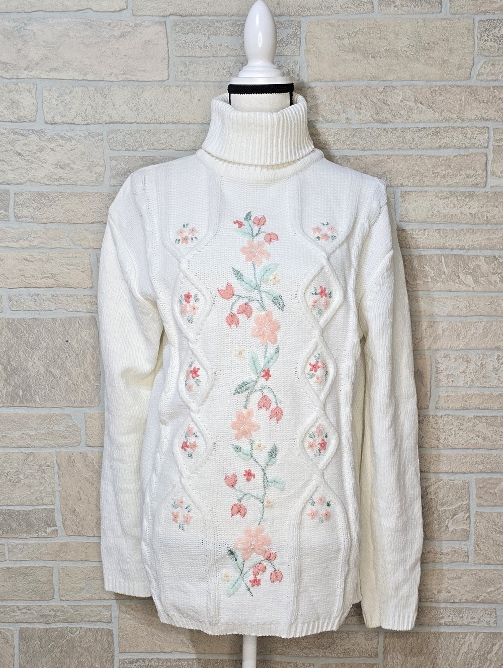 CAROLYN TAYLOR SPRING CREAM FLORAL CABLEKNIT TURTLE NECK SWEATER XL Cottagecore
